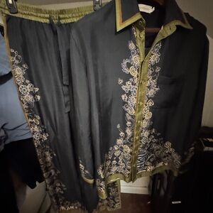 Zimmermann Embroidered Black and olive green Pajama set 100% Silk.